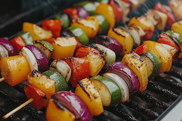 Wall Mural - vegetable kebabs grilling on an outdoor barbecue.