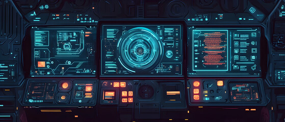 Futuristic Sci-Fi Interface with glowing blue and orange buttons and screens.