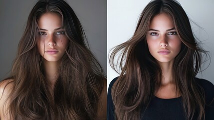 Poster - Two portraits of a woman with long hair, showcasing different lighting and expressions.
