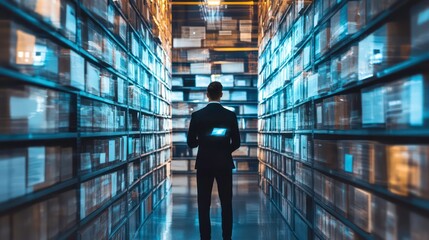 Aufkleber - A businessman stands in a warehouse aisle surrounded by neatly stacked boxes.