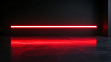 Poster - A single horizontal red neon light strip illuminates a dark room, its reflection casting a glowing aura on the concrete floor.