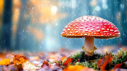 Poster - Red Mushroom in Rainy Autumn Forest Setting