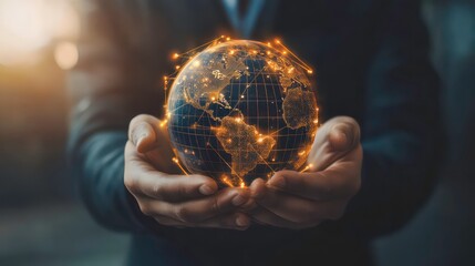Aufkleber - Businessman hold global business globe with network connected to digital marketing strategy. Business development technology to support teamwork and investment