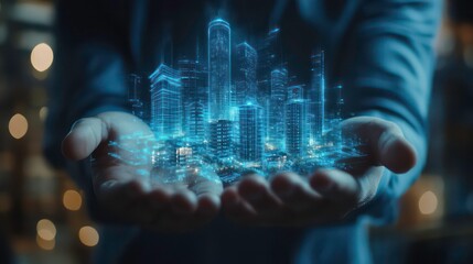 Poster - Businessman holding blue modern buildings hologram on hand. Real estate business and building technology concept