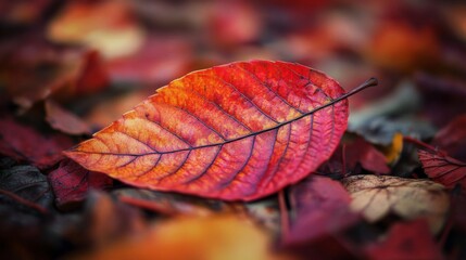Aufkleber - Vibrant Red Leaf on Autumn Ground