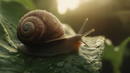 Poster - Snail on a Leaf with Dew Drops in Soft Light