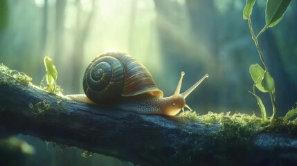 Poster - Serene Snail on a Mossy Log in Lush Forest Light