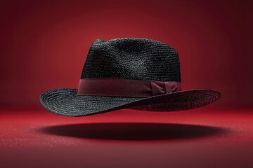 Black fedora with burgundy ribbon hovering against red background.