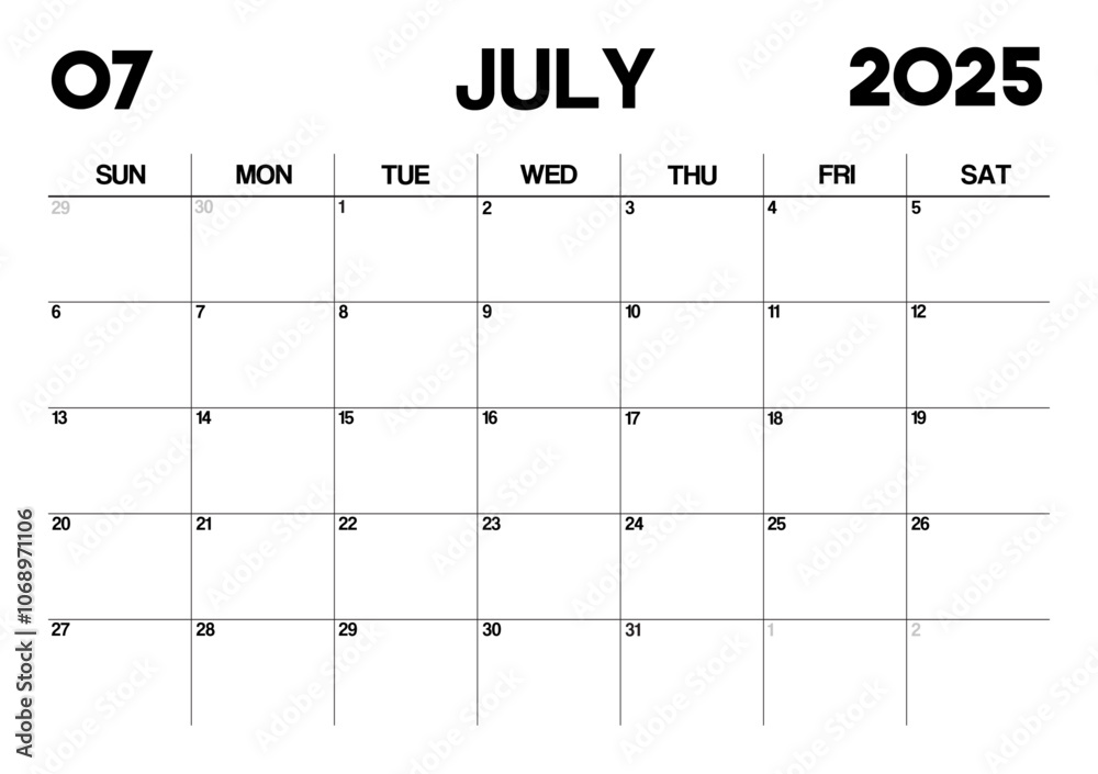 Printable Monthly Calendar Template for July 2025. Minimalist Style