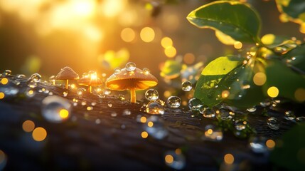 Aufkleber - Magical Forest with Mushrooms and Dew Drops at Sunrise