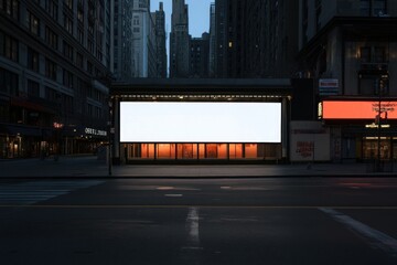 Poster - A quiet urban scene featuring a large blank billboard and illuminated storefronts at dusk.
