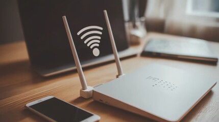 Aufkleber - Modern Workspace with Router and Wireless Signal Icon