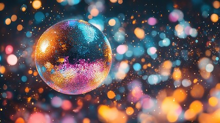 Poster - Disco ball sphere with colorful disco lights for party nights , wallpaper background with copy space 4k