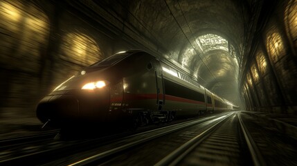 Aufkleber - Fast Train in Dark Tunnel with Dramatic Lighting