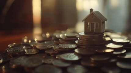 Poster - Small House on Pile of Coins Symbolizing Wealth Growth