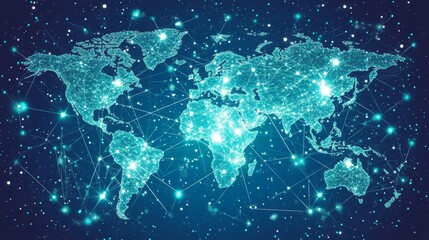 Poster - Global Digital Network Map with Bright Connections