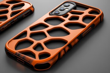 Poster - A 3D illustration of a phone case with a textured design, showing different angles to highlight its intricate details