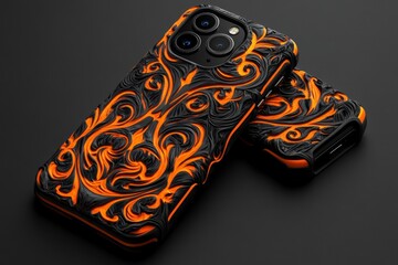 Poster - A 3D illustration of a phone case with a textured design, showing different angles to highlight its intricate details