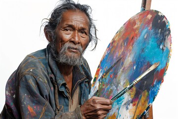 Senior male artist with colorful smock holding paintbrush and palette working on abstract painting on a white background