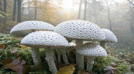 Fototapete - Enchanting White Mushrooms in Misty Forest Setting