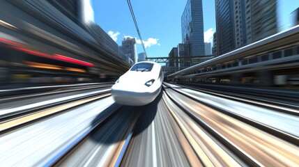 Fototapete - High-speed train in motion on urban railway tracks