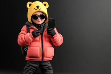 Aufkleber - A digital 3D model of a person holding a phone with a cute animal face filter on their screen, capturing the playful moment