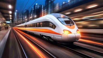 Poster - Fast Train in Motion at Night in Urban Setting