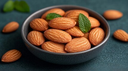 A close-up shot of a bowl of almonds with mint leaves, on a blue background.