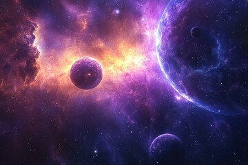 a vibrant cosmic landscape featuring a cluster of planets and nebulae bathed in hues of purple, pink