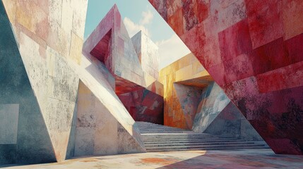 Poster - Abstract geometric background with colorful walls and a stairway in a modern, futuristic city.