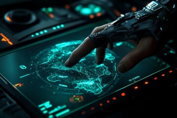 Poster - High-tech travel simulation interface with holographic maps and neon destination points, set in a cyberpunk world