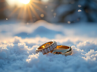Leinwandbilder - Diamond-studded gold rings rest gently on a pristine blanket of snow, bathed in the warm glow of the setting sun.