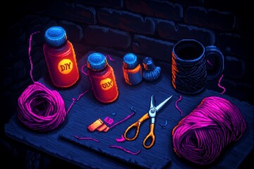 Poster - Pixel art of a DIY craft table with tiny scissors, yarn, and glue bottles, in retro pixel style