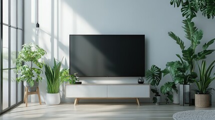   High-definition smart TV with matte black finish tilted forward on minimalist white background; reflection-free design enhances sharpness, giving it a modern, sleek look.