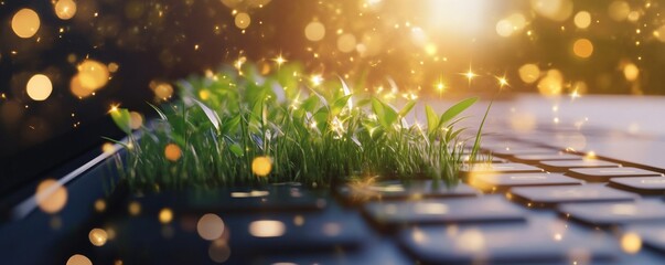 Poster - Grass growing on computer keyboard with golden light, nature and technology concept