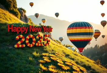 Wall Mural - Happy valley lush sign air New distance flowers made rising green hot group balloons 2025 Year