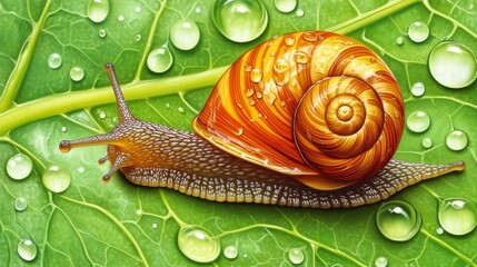 Poster - Colorful Snail on Green Leaf with Water Droplets