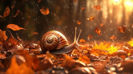 Poster - Snail Among Autumn Leaves in Rainy Setting
