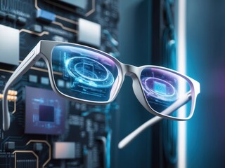 A closeup of sleek silver futuristic AR glasses with holographic display for immersive experiences