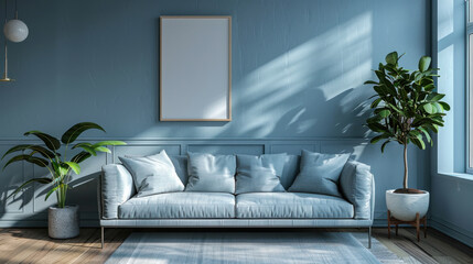 Wall Mural - serene living room with simple gray sofa and pastel blue walls, creating calming atmosphere