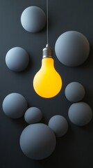 Poster - Hanging light bulb with abstract 3d spheres in the background, minimalistic design concept