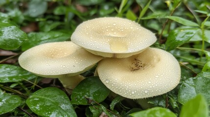 Poster - Fresh Mushrooms with Dew on Green Leaves