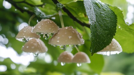 Aufkleber - Delicate Mushrooms with Raindrops on Green Leaves