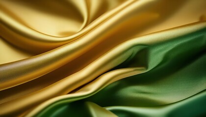 Poster - Close-Up of Luxurious Yellow and Green Satin Fabric with Soft, Flowing Folds. Perfect for High-End Fashion Textures, Elegant Backgrounds, Interior Design Inspiration, and Product Showcases