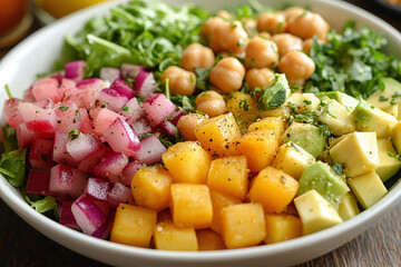 Wall Mural - a colorful vegan salad bowl with avocados, chickpeas, and fresh greens.