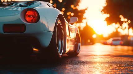 Poster - Font of a white sport car in sunset light