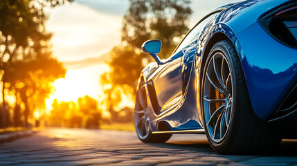 Aufkleber - Font of a blue sport luxury car in sunset light
