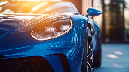 Poster - Font of a blue sport luxury car in sunset light
