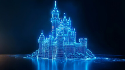 Fototapete - 3d rendering, wire frame model of castle with blue light ray
