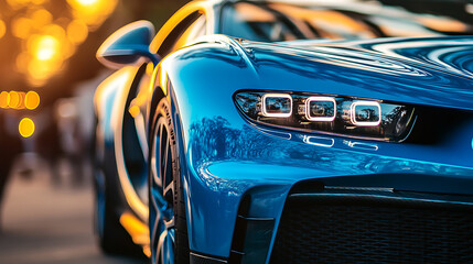Poster - Font of a blue sport luxury car in sunset light